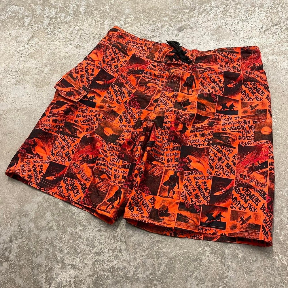 Vintage Joe Boxer Surf Graffiti AOP Grunge Board Shorts Orange Mens Large Y2K